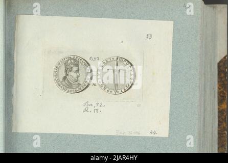 Das Bild des Kronmedaillentalers von Zygmunt III Vasa aus dem Jahr 1587, in: Sammleralbum: Figuren polnischer Medaillen zum Werk von X.B. Albertrande: Polnische Geschichte mit zertifizierten Medaillen. Erstellt von Prinz Henryk Lubomirski 1822 1830 geordnet nach der Liste der polnischen Medaillen von Feliks Bentkowski 1832 (Pos. 60) unbekannt, Geiger, Andreas (1765 1856) Stockfoto