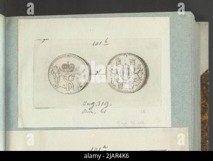 Das Bild des Kronenmedaillenportugums von Zygmunt III Vasa aus dem Jahr 1630, in: Sammleralbum: Figuren polnischer Medaillen zum Werk von X.B. Albertrande: Polnische Geschichte mit zertifizierten Medaillen. Erstellt von Prinz Henryk Lubomirski 1822 1830 geordnet nach der Liste der polnischen Medaillen von Feliks Bentkowski 1832 (Pos. 66) unbekannt, Geiger, Andreas (1765 1856) Stockfoto