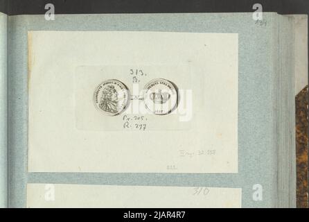 Das Bild der Krönungsmedaille August II Wettyn von 1697, in: Sammleralbum: Figuren polnischer Medaillen zum Werk von X.B. Albertrande: Polnische Geschichte mit Medaillen zertifiziert. Erstellt von Prinz Henryk Lubomirski 1822 1830 geordnet nach der Liste der polnischen Medaillen von Feliks Bentkowski 1832 (Pos. 222) unbekannt, Krieger, Albrecht, Geiger, Andreas (1765 1856) Stockfoto
