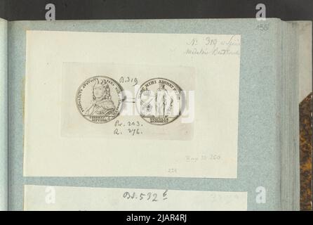 Das Bild der Krönungsmedaille August II Wettyn von 1697, in: Sammleralbum: Figuren polnischer Medaillen zum Werk von X.B. Albertrande: Polnische Geschichte mit Medaillen zertifiziert. Erstellt von Prinz Henryk Lubomirski 1822 1830 geordnet nach der Liste der polnischen Medaillen von Feliks Bentkowski 1832 (Pos. 224) unbekannt, Kittel, Johann (1656 1740), Geiger, Andreas (1765 1856) Stockfoto