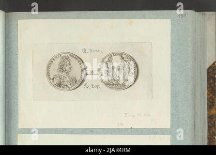 Das Bild der Krönungsmedaille August II Wettyn von 1697, in: Sammleralbum: Figuren polnischer Medaillen zum Werk von X.B. Albertrande: Polnische Geschichte mit zertifizierten Medaillen. Erstellt von Prinz Henryk Lubomirski 1822 1830 geordnet nach der Liste der polnischen Medaillen von Feliks Bentkowski 1832 (Pos. 216) Unbekannt, Hautsch, Georg (1659 1745), Geiger, Andreas (1765 1856) Stockfoto