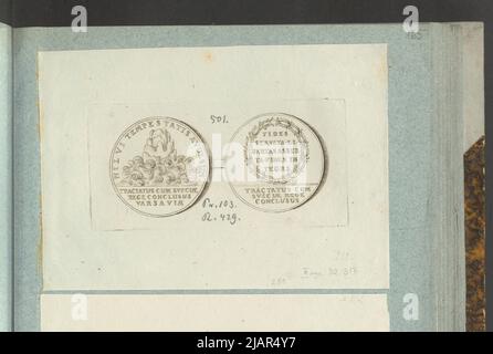 Das Bild der Medaille für den Vertrag zwischen Stanisław Leszczyński und Karol XII, n.a. [1705], in: Sammleralbum: Figuren polnischer Medaillen zum Werk von X.B. Albertrande: Polnische Geschichte mit zertifizierten Medaillen. Erstellt von Prinz Henryk Lubomirski 1822 1830 geordnet nach der Liste der polnischen Medaillen von Feliks Bentkowski 1832 (Pos. 281) unbekannt, Geiger, Andreas (1765 1856) Stockfoto