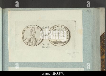 Das Bild der Krönungsmedaille von Stanisław Leszczyński aus dem Jahr 1705, in: Sammleralbum: Figuren polnischer Medaillen zum Werk von X.B. Albertrande: Polnische Geschichte mit zertifizierten Medaillen. Erstellt von Prinz Henryk Lubomirski 1822 1830 geordnet nach der Liste der polnischen Medaillen von Feliks Bentkowski 1832 (Pos. 275) unbekannt, Geiger, Andreas (1765 1856) Stockfoto
