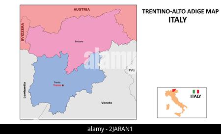 Karte Von Trentino-Südtirol. Landes- und Kreiskarte von Trentino-Südtirol. Politische Landkarte von Trentino-Südtirol mit Nachbarländern und Grenzen. Stock Vektor