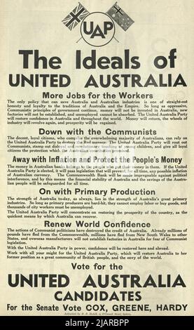 Anzeige für die United Australia Party bei den australischen Bundestagswahlen 1931. Die Anzeige beschreibt die Plattform der Partei Stockfoto