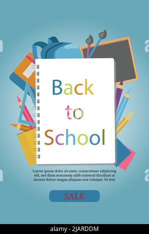 Back to School Verkaufsplakat mit verschiedenen Bildungselementen auf blauem Hintergrund perfekt für Flyer, Banner, Poster. Stockfoto