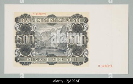 Banknote für 500 PLN; Emissionsbank in Polen; 1.03.1940; einseitige Banknote, Rückseite. Staatsdruckei und Münze, Warschau, Sowiński, Leonard, Brandt, Bogusław (1909 1983) Stockfoto