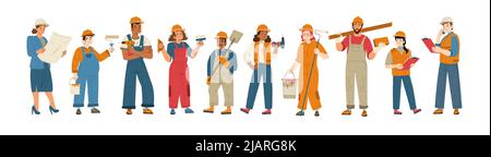 Bauarbeiter und Bauarbeiter in Helmen. Vector flache Illustration von verschiedenen Menschen in der Bauindustrie arbeiten, Männer und Frauen Architekten, Maler, Ingenieure und Techniker Stock Vektor