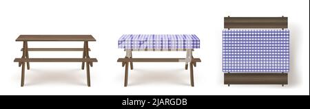 Hölzerner Picknicktisch mit langen Bänken und lila weiß karierter Tischdecke 3D realistische Vektor. Camping, Garten oder Park Holzmöbel für Grill mit Sitz und Textilbezug, isoliert auf Hintergrund, Stock Vektor