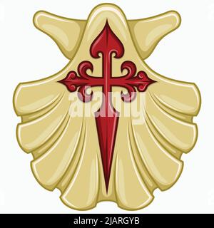 Marianisches Muschelvektordesign mit dem Kreuz des Apostels Santiago, Symbol des Jakobswegs, Kreuz des Ordens von Santiago Stock Vektor