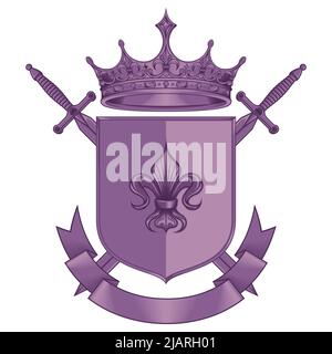 Mittelalter Wappenschild Vektor-Design, Wappen mit Fleur de Lis Wappenzeichen, mit Kronen und Schwertern Stock Vektor