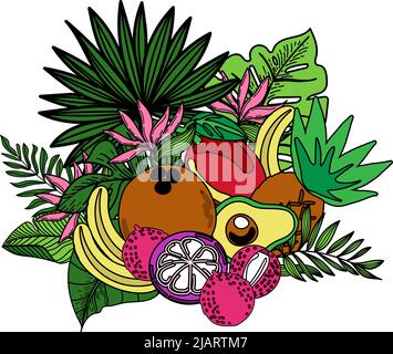 Banner, Poster mit exotischen Dschungelfrüchten und Blättern und exotischen Blumen. Elemente werden in flacher Form von Hand gezeichnet. Blumig und fruchtig tropischer Sommer-Bac Stock Vektor