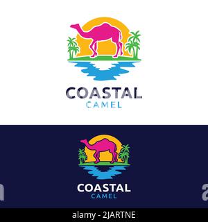 Bunte Coastal Kamel Logo Design-Vorlage. Ein Kamel zu Fuß am Strand mit der Sonne und Palmen. Geeignet für Coastal Beach Travel Tourism Busin Stock Vektor