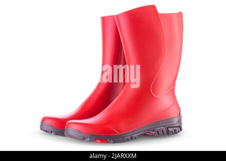 Rote Gummistiefel isoliert auf weißem Hintergrund. Outdoor-Schuhe für Trekking. Stockfoto