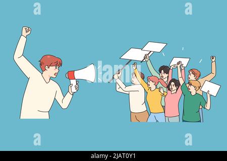 Männlicher Anführer mit Megaphon-Kopf-Demonstration mit verschiedenen Menschen mit Spruchbändern und Postern. Streikige oder aufrührerische Aktivisten protestieren gegen Diskriminierung und stimmen für die Freiheit. Vektorgrafik. Stock Vektor