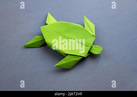 Grünes Papier Schildkröte Origami isoliert auf einem weißen grauen Hintergrund Stockfoto