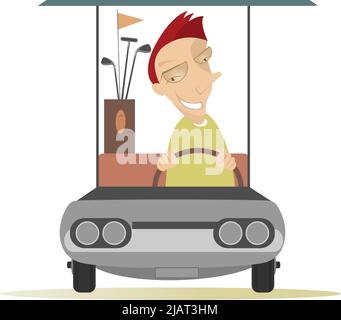 Mann im Golfwagen. Lächelnder Mann wird Golf im Golfwagen spielen Stock Vektor