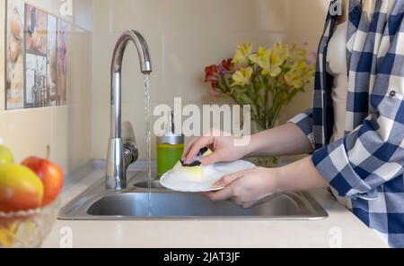 Frauenhänden waschen einen weißen Teller mit einem Schwamm unter fließendem Wasser im Spülbecken. Geschirr zu Hause waschen. Stockfoto