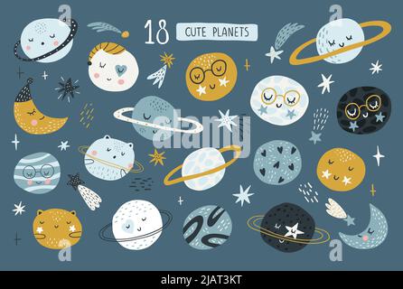 Sammlung von Cute Funny Baby Planets. Lustige Baby-Planeten in flachen Vektor-Illustration. Schöne Himmelskörper mit lächelnden Gesichtern. Cartoon-native Stock Vektor