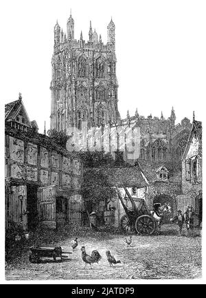 Ausschnitt aus einem Vintage-Stich aus dem Jahr 1879 der St. Giles' Church in Wrexham, Wales. Stockfoto