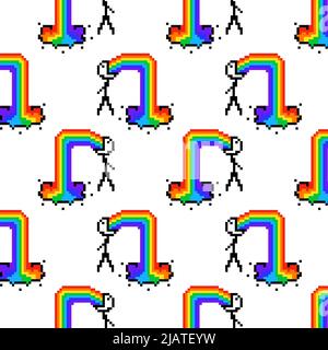 Kranker Kerl, der Regenbogen spuckt. Nahtlose Muster Hintergrund mit 8 Bit Pixel Mann erbrechen Regenbogen. Cartoon Comic-Stil von 80s-90s. Für Stoff, Verpackung, Textil Stock Vektor