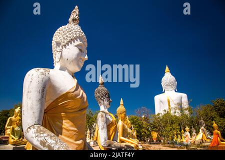 Tempel, buddhas und Skulpturen von Wat Phai Rong Wua in Suphan Buri, Thailand Stockfoto