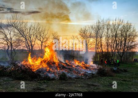 Mai Feuer auf Walpurgis Nacht, Tradition in vielen Dörfern und von der Freiwilligen Feuerwehr organisiert Stockfoto