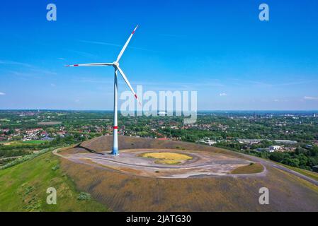 Gladbeck, Ruhrgebiet, Nordrhein-Westfalen, Deutschland - Windturbine auf der Mottbruchhalde, ein Abraumstapel in Gladbeck-Brauck. Die Nabenhöhe des Stockfoto