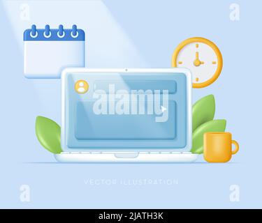 Online arbeiten. Laptop, Kalender, Uhrensymbol. 3D Vektor-Illustration in Cartoon minimal Stock Vektor