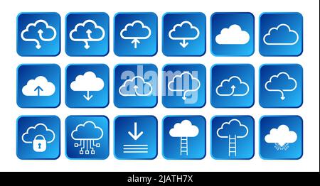 Icon-Set von Cloud Computing 3D abgerundeten quadratischen Stil. Symbole für Cloud-Technologie und Hosting-Netzwerke für Web und Mobilgeräte. Vektorgrafik Stock Vektor