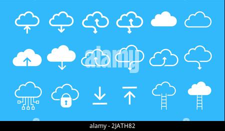 Symbolsatz von Cloud Computing. Symbole für Cloud-Technologie und Hosting-Netzwerke für Web und Mobilgeräte. Vektorgrafik im flachen Stil Stock Vektor