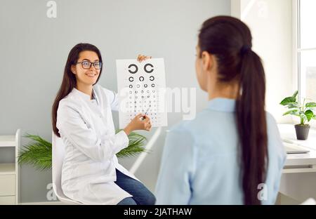 Augenarzt mit Hilfe der Augentesttafel, auf der Briefe zeigt, überprüft die Vision der weiblichen Patientin. Stockfoto