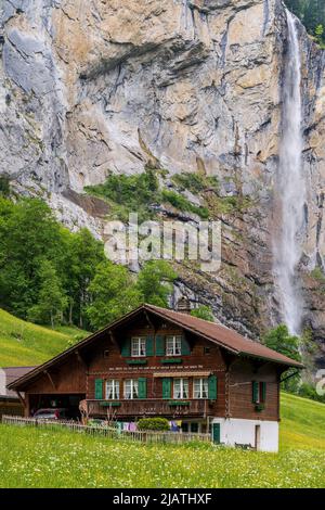 Typisches Schweizer Chalet mit Staubbach-Wasserfall, Lauterbrunnen, Kanton Bern, Schweiz Stockfoto