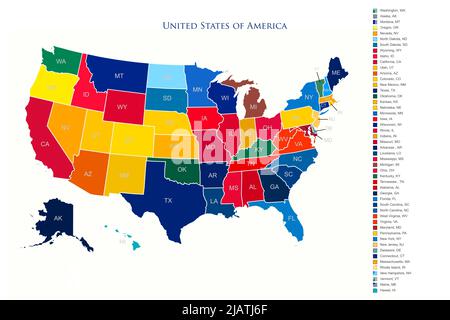 Vereinigte Staaten von Amerika Bunte Karte mit Staaten und Grenzen Illustration Stockfoto