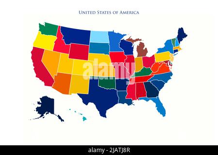 Vereinigte Staaten von Amerika Bunte Karte mit Staaten und Grenzen Illustration Stockfoto