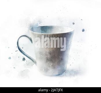 Weiße Tasse mit Aquarell. Kaffee- oder Teetasse aus Keramik mit leichter Boho-Textur. Realistische Malerei mit Küchenelement isoliert auf weißem Hintergrund. Stockfoto