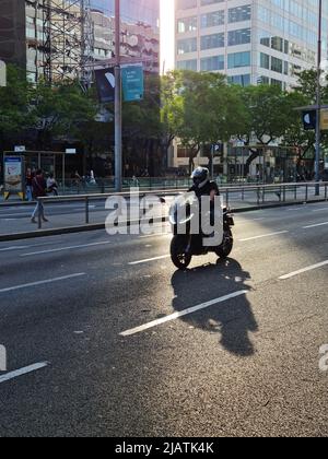Biker, der auf einem Motorrad auf dem Asphalt einer Allee läuft. Stockfoto