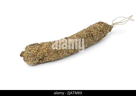 Einzelne traditionelle französische Wurst bedeckt mit Kräuter de provence isoliert auf weißem Hintergrund Stockfoto