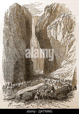 1839 - eine alte britische Gravur, die Truppen zeigt, die durch den Bolan-Pass in der Toba Kakar Range in der pakistanischen Provinz Balochistan, 120 km (75 Meilen) von Afghanistan entfernt, fahren. Es stellt das südliche Äquivalent zum Khyber-Pass dar. Im Februar 1839 während des ersten Anglo-Afghan-Krieges führte die britische Armee unter Sir John Keane 12.000 Männer durch den Bolān-Pass, um Qandahar zu sichern. Stockfoto