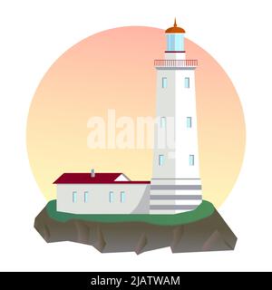 Leuchtturm gegen die Sonne flache Vektor-Illustration. Embleme amd-Logo-Design Stock Vektor