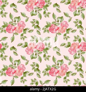 Nahtloses Muster mit Rosenblüten und Blättern. Floraler Hintergrund mit Rosen. Blumen werden von Hand gezeichnet. Illustration für Tapeten, Textilien Stockfoto