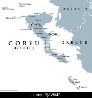 Korfu, Insel Griechenland, graue politische Landkarte. Auch Kerkyra ist eine griechische Insel im Ionischen Meer und Teil der Ionischen Inseln. Stockfoto