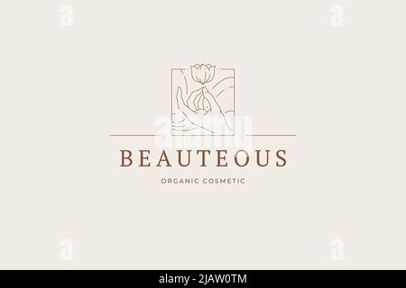 Romantische organische Schönheit Pflege natürliche Lotusblume mit menschlichen Hand quadratischen Rahmen monochrome Linie Kunst Logo Vektor Illustration. Elegant feminin wunderschön Stock Vektor