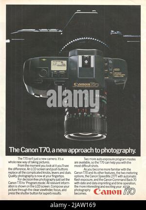 Werbung für Canon T70 Kameras aus Altpapier Werbung für das Canon Magazin 1970s 1980s Stockfoto