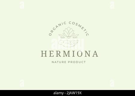 Esoterische Frau Hände halten natürliche Lotusblume minimalistischen Logo mit Platz für Text Vektor Illustration. Achtsamkeit spirituelles Emblem Spa Pflege entspannen Stock Vektor
