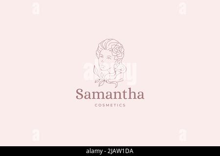 Monochrom antike Dame Kopf Büste Frisur Rose Blume dekoratives Design Linie Kunst Logo Vektor Illustration. Minimalistische Schönheit mittelalterliche Frau Denkmal Stock Vektor