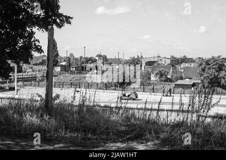 Die DDR-Grenze bei Staaken zwischen Ost- und West-Berlin im Jahr 1975 Stockfoto