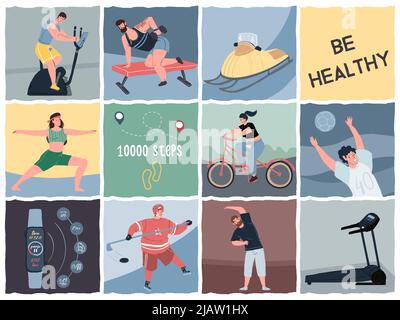 Flache Cartoon quadratische Fliesen mit Sport-Themen-Szenen und Elemente, Vektor-Illustrationen-Set Stock Vektor