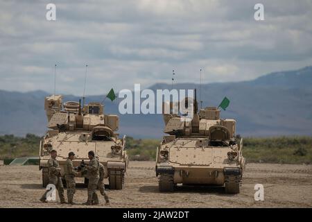 Soldaten der Charlie Company, 2-116. Combined Arms Bataillon arbeiten daran, ihre Bradley-Kampffahrzeuge für die Qualifikation der Waffen vorzubereiten. Soldaten der Idaho Army National Guard vom 2-116. Combined Arms Bataillon im Feld für die jährliche Schulung und die letzten Vorbereitungen für den Einsatz zur Unterstützung der Operation Spartan Shield. Stockfoto