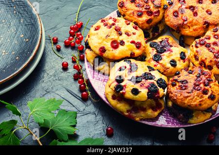 Appetitliche Hüttenkäse-Pfannkuchen oder Syrniki mit Sommerbeeren. Quark-Krapfen mit roten und schwarzen Johannisbeeren Stockfoto